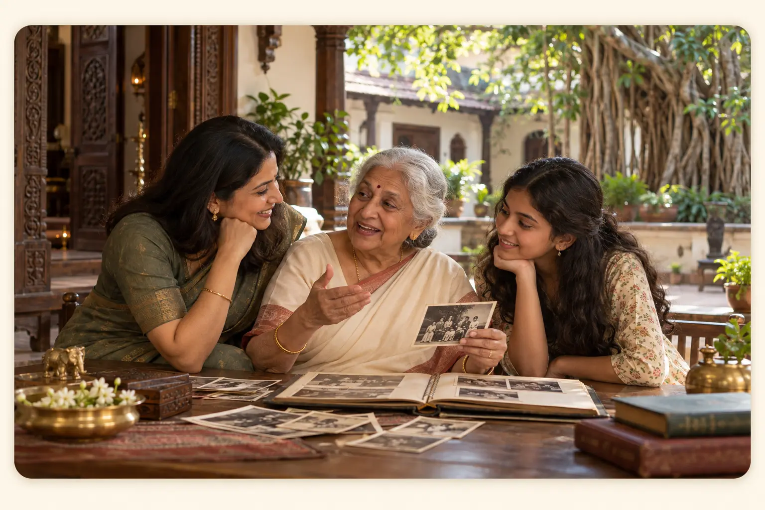 Three generations of a family looking through old photographs together in a traditional Kerala home