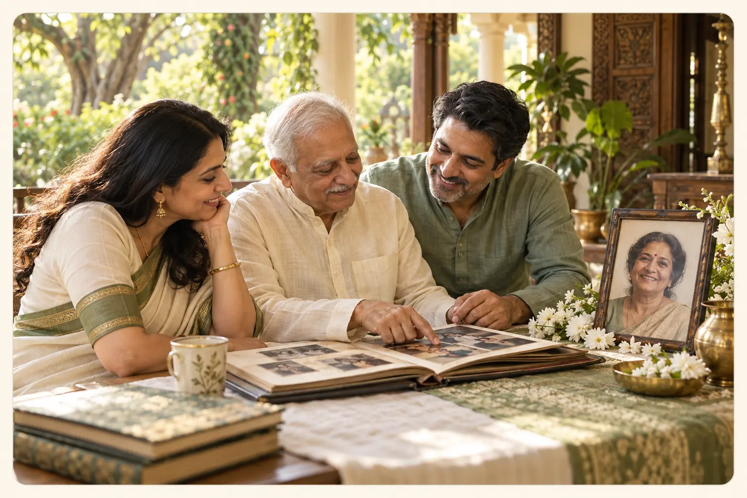Three generations of a family looking through a photo album together