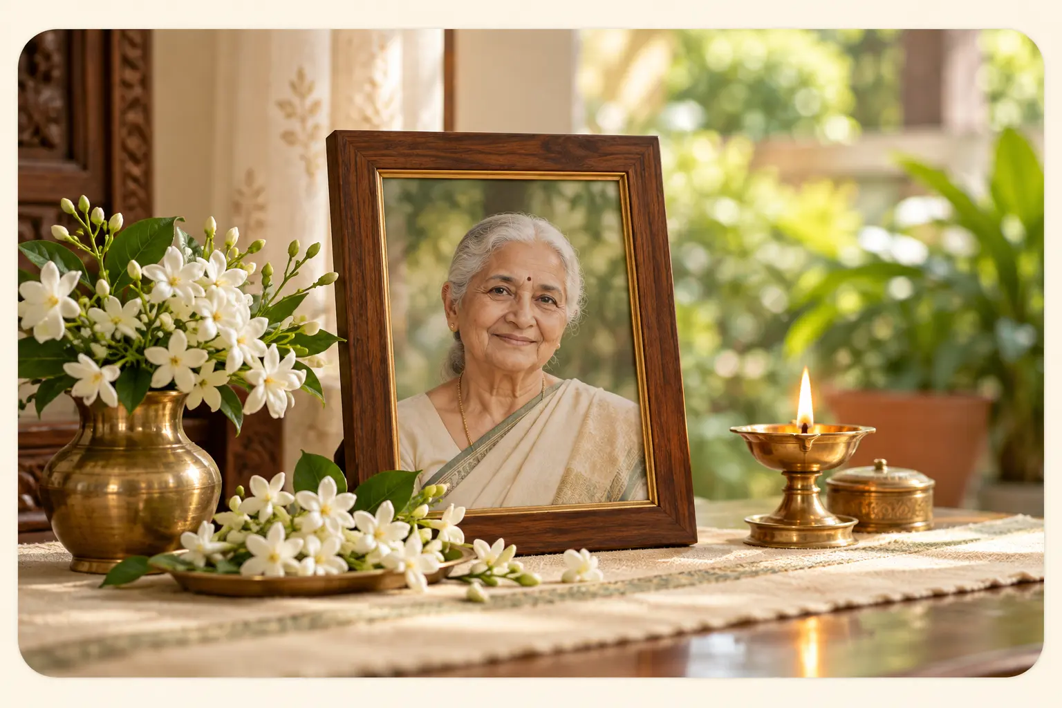 A framed portrait of a grandmother beside jasmine flowers and a lit brass lamp