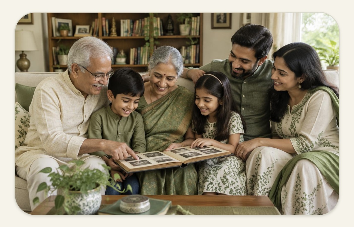 A family gathered on a sofa, grandparents pointing out faces in a photo album