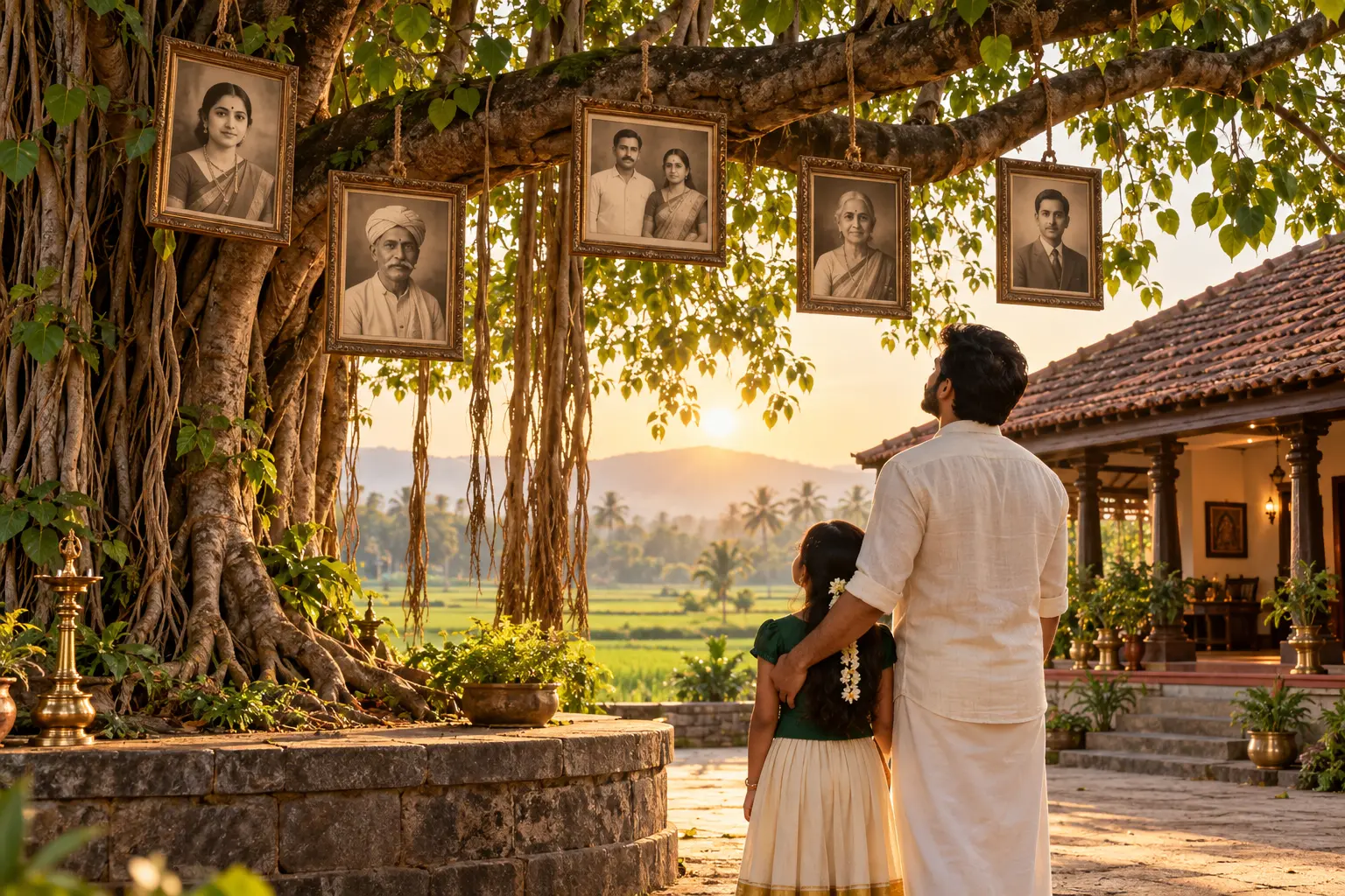 A father and daughter looking up at framed ancestor portraits hanging from a banyan tree at sunset